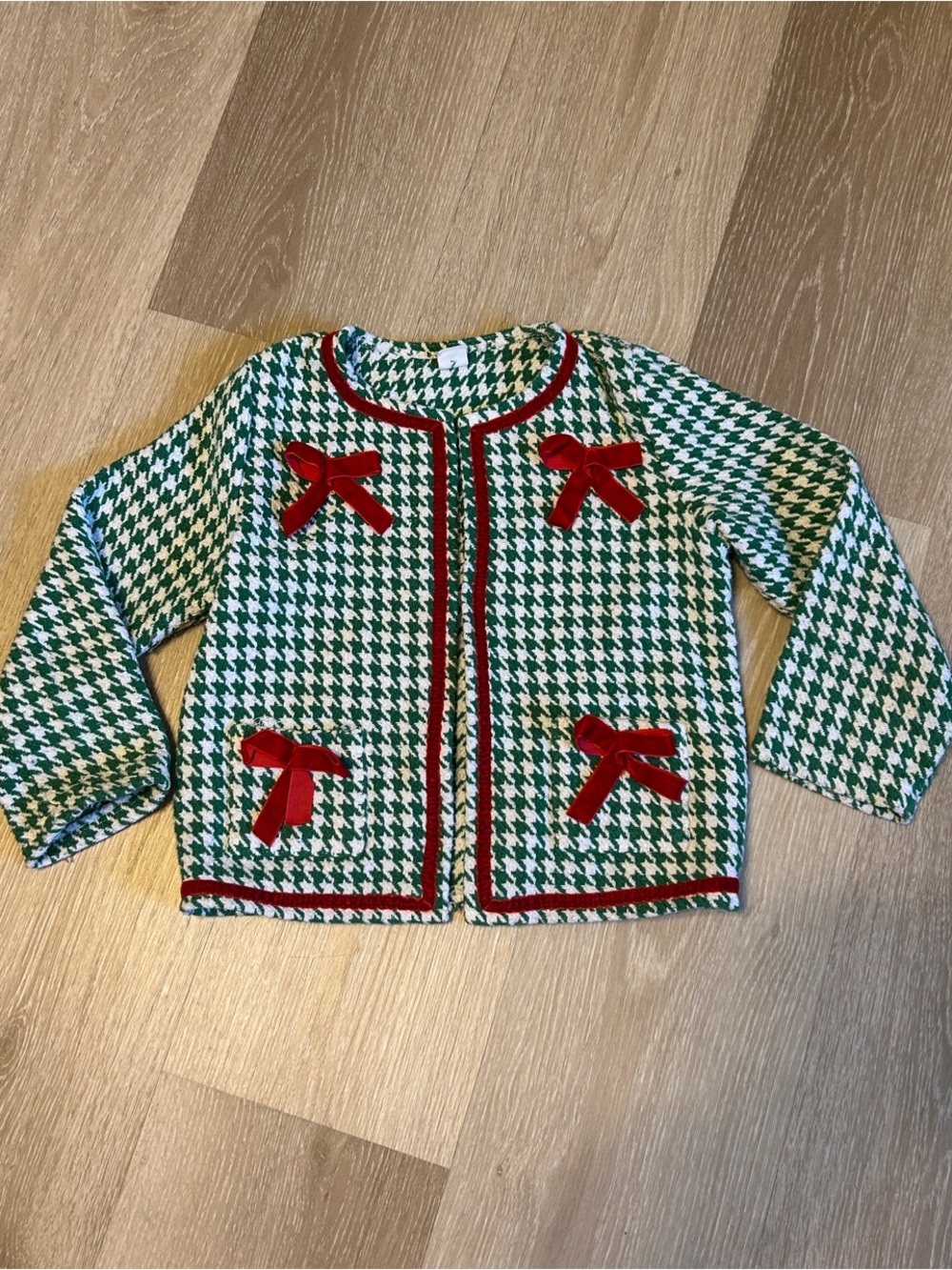 Shein Girls Festive Red Velvet Bow and Trim Accented Houndstooth Cardigan Sz 6Y
